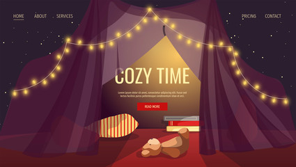 Web page design for Relaxing, Cozy, Comfort, Pleasant evening. Tent with garlands, pillows, books and teddy bear. Vector illustration for poster, banner and website development.