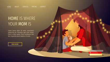 Web page design for Happy family, Childhood, Motherhood, Parenthood, Cozy. Mother and child are sitting in a tent. Vector illustration for poster, banner and website development.