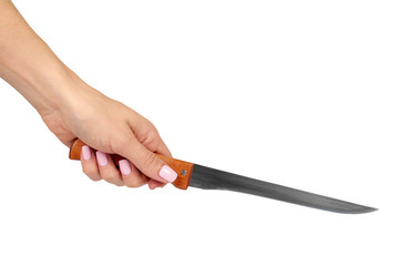 Hand with kitchen knife, home utensil, wooden handle.
