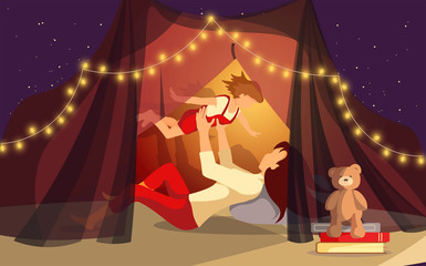 Happy family, Childhood, Parenthood, Motherhood, Cozy concept. Mother and child in a tent. Vector illustration for poster, banner, cover, card, postcard, brochure.
