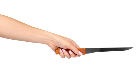 Hand with kitchen knife, home utensil, wooden handle.