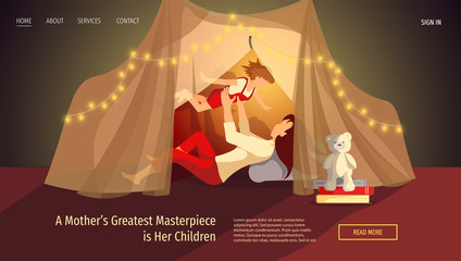 Web page design for Happy family, Childhood, Parenthood, Motherhood, Cozy. Mother and child in a tent. Vector illustration for poster, banner and website development.