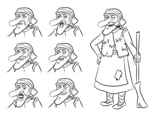 Funny old witch, Baba Yaga, character of Russian fairy tales, with a broom and a pipe, different facial expressions isolated on a white background.