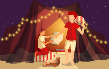 Happy family, Childhood, Pajama party, Cozy concept. Children play a fight with pillows in a tent. Vector illustration for poster, banner, card, cover, postcard, brochure.