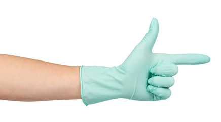 Hand with rubber glove, protection uniform, medicine safety and care concept.