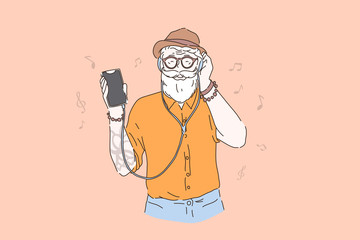 Vigorous old age, young in heart elderly person concept. Old hipster listening to music, stylish bearded man in hat and headphones holding smartphone. Simple flat vector