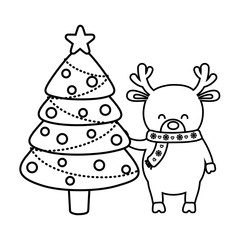 reindeer with tree balls decoration merry christmas line style