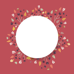 Autumn background. Hand drawn elements frame with autumnal colors on dark red background. Fruits, seeds, flowers, leaves, mushrooms, branch, acorns around a circle. Vector illustration, flat design