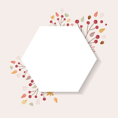 Autumn background. Hand drawn elements frame with autumnal colors on cream background. Fruits, seeds, flowers, leaves, mushrooms, branch, acorns around a hexagon. Vector illustration, flat design