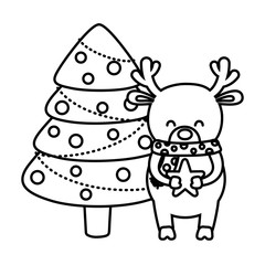 reindeer holding star with tree balls decoration merry christmas line style