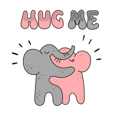 Two cute elephant hugging. Vector image on white background