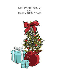 Merry Christmas card with Present near fir evergreen tree with balls and bow decoration, Happy New Year dsign greeting card. Vector sketch hand-drawn art. modern decor