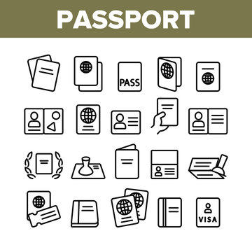 Passport Collection Elements Icons Set Vector Thin Line. Legal Document With Stamp, Certificate, Official License And Passport Concept Linear Pictograms. Monochrome Contour Illustrations