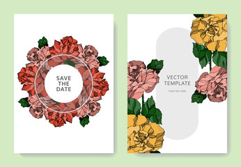 Vector Roses floral botanical flowers. Black and white engraved ink art. Wedding background card decorative border.