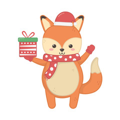 cute fox with hat and gift merry christmas
