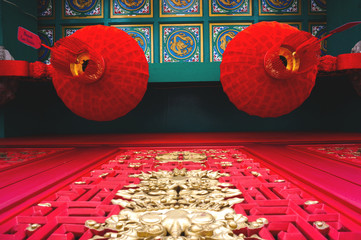 Chinese lanterns in front of the door and on the ceiling