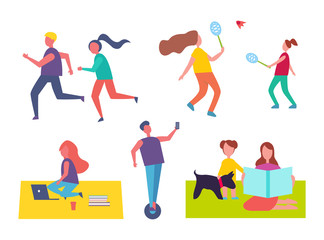 Run and playing tennis isolated icons. Running couple, man on hoverboard scooter. Mother and child on blanket sitting with pet. Freelance woman vector