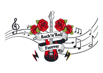 Rock n roll forever, electric guitar with roses and banner with text vector. Notation, music sheet with notes and sounds. Lightning string instrument