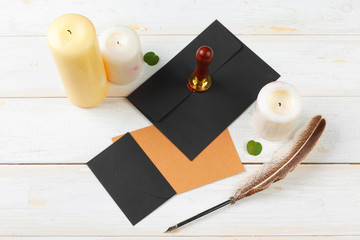Letter to Santa Claus with sealing wax stamp on wooden table