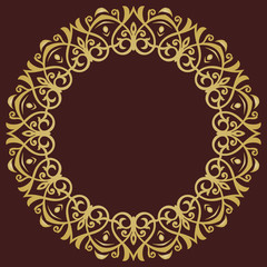 Oriental vector round golden frame with arabesques and floral elements. Floral golden border with vintage pattern. Greeting card with place for text