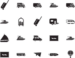 holiday vector icon set such as: briefcase, cart, wave, sailboat, school, family, airship, trolley, wing, coach, sketch, traffic, hot, wind, aircraft, hotel, action, mobile, yachting, up, sail, life