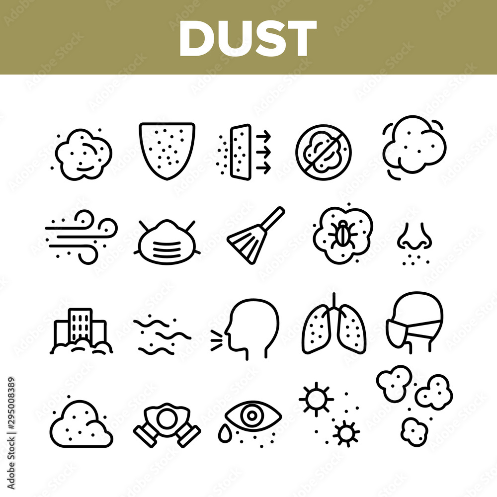 Wall mural Dust And Polluted Air Collection Icons Set Vector Thin Line. Mask And Respirator, Lungs And Nose, Environment Pollution And Dust Concept Linear Pictograms. Monochrome Contour Illustrations