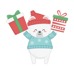 cute polar bear animal with gift boxes merry christmas