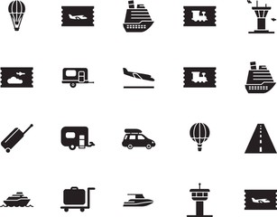 holiday vector icon set such as: automobile, logo, marine, wheel, aeroplane, cart, road, case, camping, van, speed, icons, camper, family, drive, roadside, camp, vessel, yacht, set, asphalt