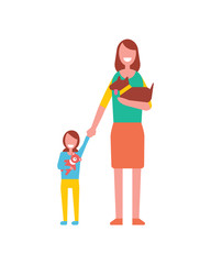 Mother walk with toddler girl playing with soft teddy bear, holding cute dog in hands. Motherhood concept vector illustration. Woman, kid and pet