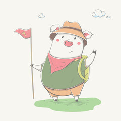 Lovely cute piggy dressed as a little scout. Autumn or Summer cartoon animal. - 295008954