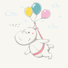 Lovely cute hippo flies in balloons after flock of birds. Series of school children's card with cartoon style animal. - 295009560