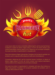 Party barbeque grill leaflet tools for grilling, fork and paddle, spatula and flame sparkles. Vector poster burning badge, text sample. Bbq container with coals