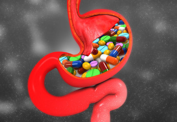 Medical pills and tablets with human stomach. 3d render.