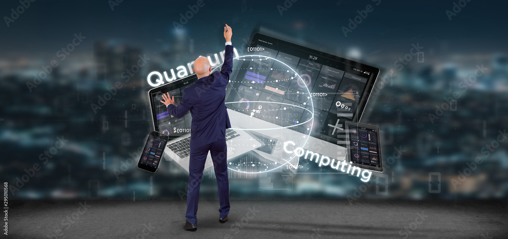 Poster businessman in front of a wall with quantum computing concept with qubit and devices 3d rendering