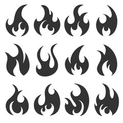 Set of different flames icons. Collection of fire silhouettes in cartoon style.