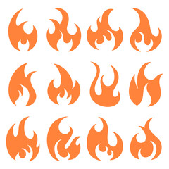 Set of different flames icons. Collection of fire silhouettes in cartoon style.