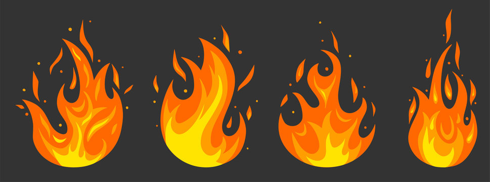 Set of different fires in cartoon style. Collection of red, orange flames. Danger situation and problems concept.