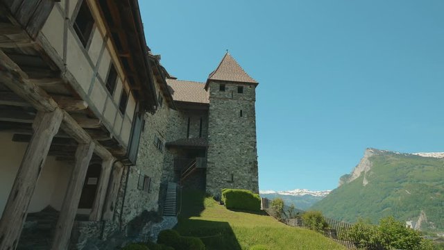 Medieval castle Gutenberg in the town Balzers, Liechtenstein. Steadicam shot