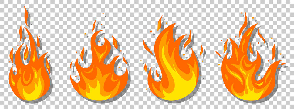Set of different fires in cartoon style. Collection of red, orange flames. Danger situation and problems concept.