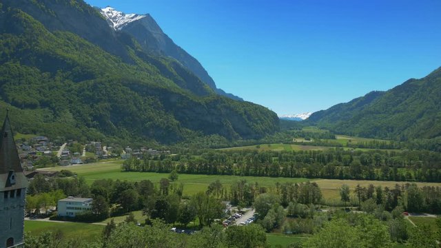 Landscape view on Balzers village in Liechtenstein. Steadicam shot