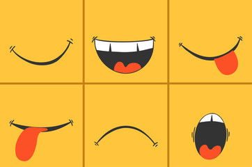 Set of different smiles. Funny and sad, cute emotions in cartoon style. Vector image.