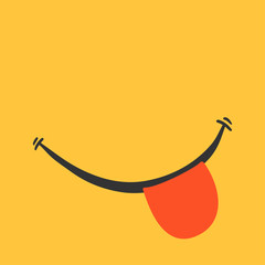 Smile with tongue on yellow background. Cute emotion in cartoon style. Good mood, happiness doodle.