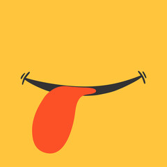 Smile with tongue on yellow background. Cute emotion in cartoon style. Good mood, happiness doodle.