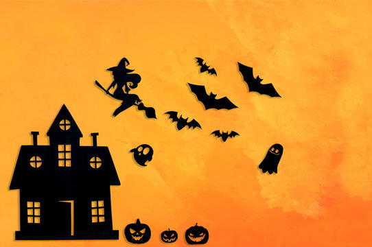 A house cut out of black paper, a witch flying on a broomstick, bats, ghosts, pumpkins and dry tree leaves on a vintage orange background. Greeting card, background, banner for the holiday Halloween.