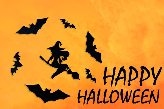  Cut out of black paper bats and a witch on an orange background. Greeting card, background, banner for the holiday Halloween.