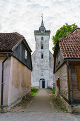 Fototapeta na wymiar Church in the old part of the city of Kuldiga in Latvia.