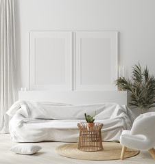 Mock up frame in cozy white home interior, Scandinavian style, 3d render