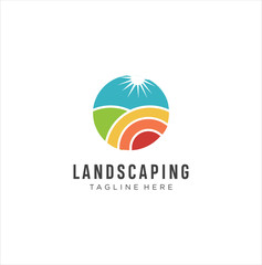 landscape logo for lawn or gardening business . Sunset or Sunrise Illustration on the Field Logo Vector