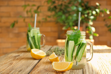 Jar of healthy infused water on table