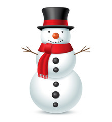 Snowman with hat and scarf isolated on white background. Vector illustration